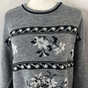 Vintage Southern Lady Sweater Size Medium Gray Floral 100% Acrylic Made In USA